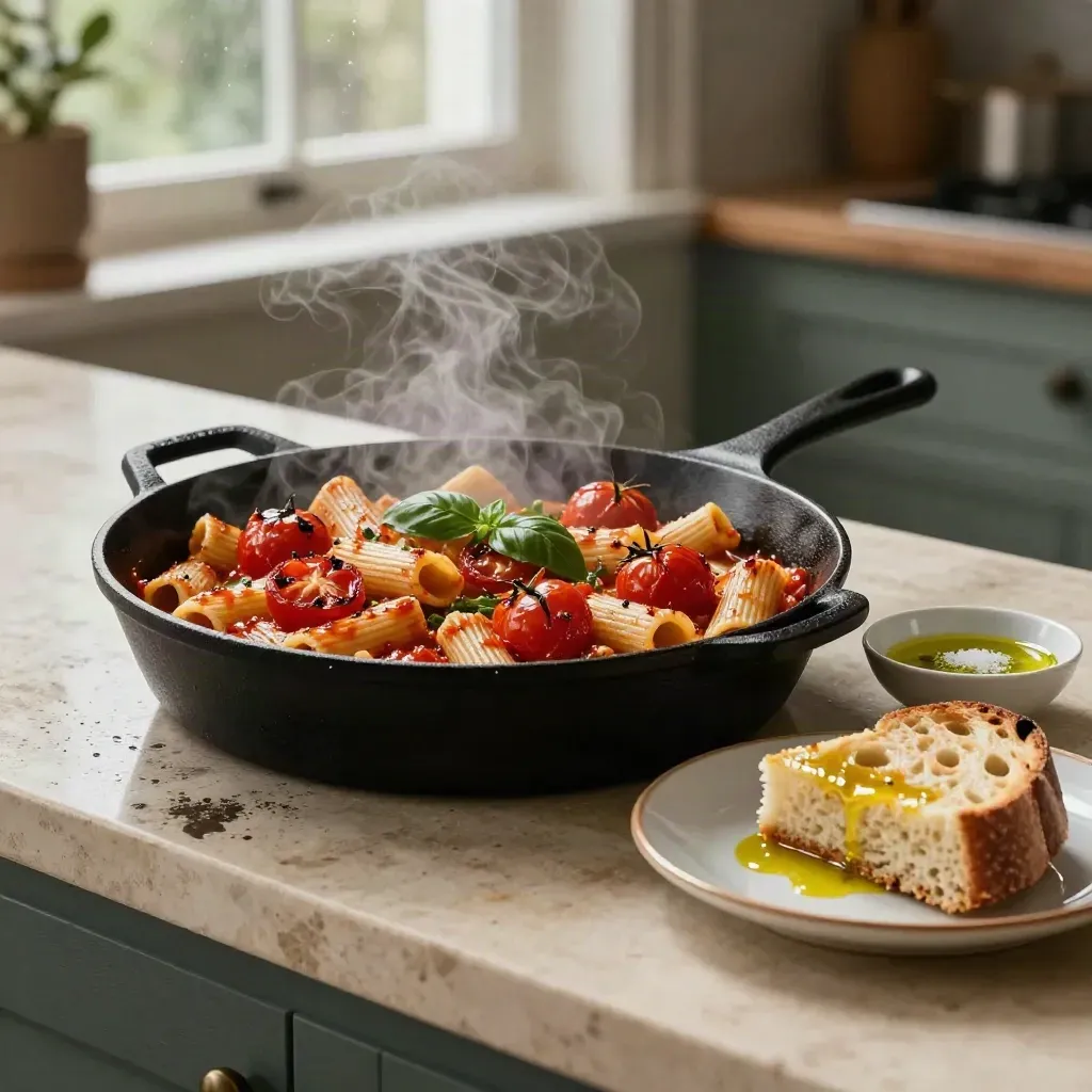 Moody skillet of roasted tomato rigatoni with basil, sourdough, dessert plate and olive oil salt flakes.