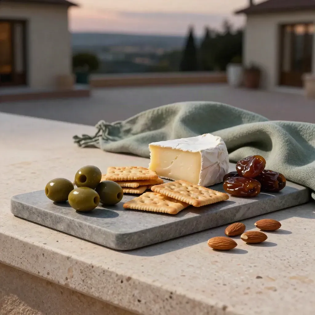 Snack board of olives, cheese, crackers, dates and scattered almonds on stone at dusk.