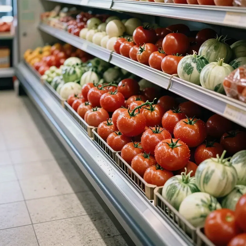 Diagonal market shelf of tomatoes in open crates with condensation, shot aisle-level in soft daylight.