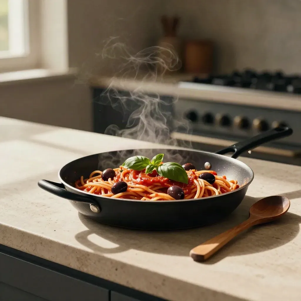 Tomato pasta with olives and basil steaming in a pan on pale stone, low moody kitchen light.