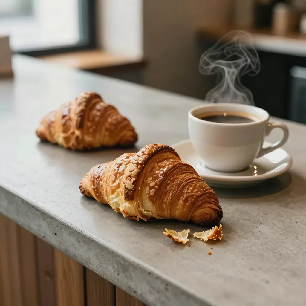 Croissant beside espresso on a cafe counter with steam and a blurred pastry behind.